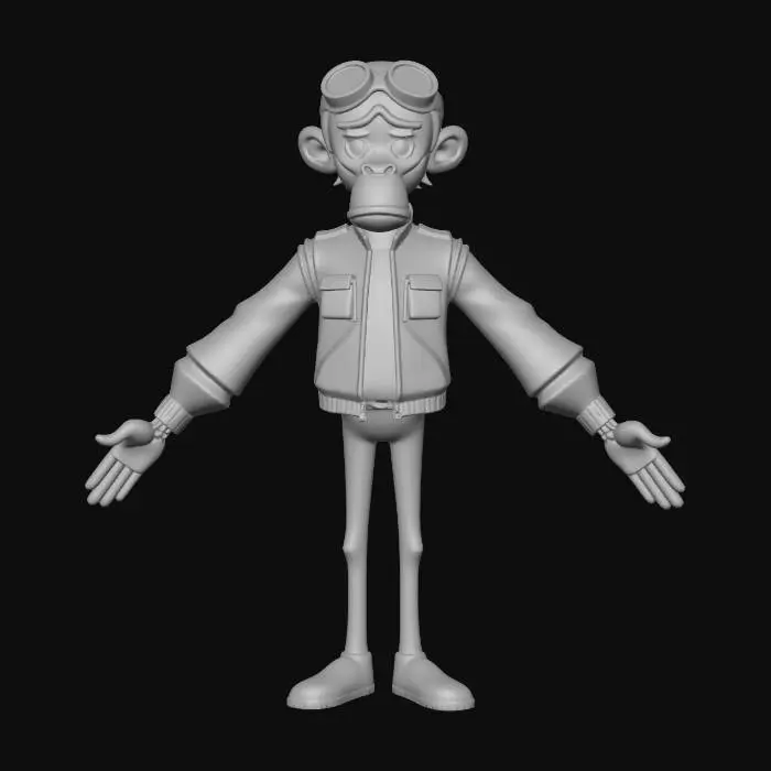 3D model for A high-quality 2D vector art illustration of a Monkey McFly (film ala Back to the Future scene), designed in the iconic art style of 'The Curse of Monkey Island' by LucasArts. The character has a simplified, clean cartoon aesthetic with bold, expressive lines and a slightly lanky physique. Monkey McFly is wearing his futuristic self-adjusting jacket and glowing sneakers. Background: A minimalist, flat-color 3D futuristic Hill Valley with simple geometric shapes and clear angles. Lighting: Clean cel-shading with no gradients. Composition: Full body shot, 45-degree angle view, sharp focus, vibrant but solid colors.
