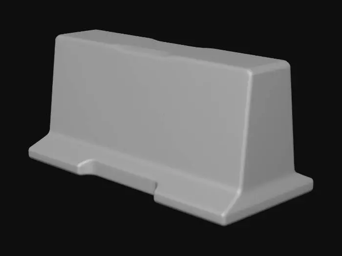 3D model for A standalone concrete road barrier, jersey barrier shape. Heavily weathered texture with deep visible cracks and fissures in the center. Urban style, gray concrete with faded yellow and black warning stripes on the bottom. Low poly game asset, stylized PBR texture, ready to break.