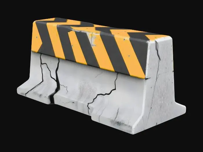 3D model for A standalone concrete road barrier, jersey barrier shape. Heavily weathered texture with deep visible cracks and fissures in the center. Urban style, gray concrete with faded yellow and black warning stripes on the bottom. Low poly game asset, stylized PBR texture, ready to break.