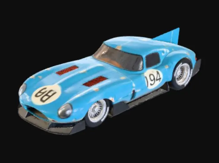 3D model for An ultra-realistic, highly detailed image of an extreme widebody 1954 Jaguar D-Type speedster, with oversized rear tires, and an aggressive stance. It has an aerodynamic body kit with deep side skirts, extended wheel arches, and a full diffuser setup, with a lowered and stretched Jaguar D-type speedster silhouette, stretched lengthwise, and Liberty Walk Mitsuoka Orochi racing modifications, blended with vintage racing flair and livery. Pearlescent extreme metalflake marine blue paint contrasts with cream lacquer accents, showing wear textures. Retro turbine-style wheels are wrapped in cheater slicks featuring the word Highballin' in raised white lettering. Three quarter perspective, ultrarealistic render with 35mm lens depth.  -ar 16:9 --style raw