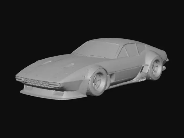 3D model for An ultra-realistic, highly detailed image of an extreme widebody 1972 Ferrari Daytona 365 GTB/4, with oversized rear tires, and an aggressive stance, parked in an empty warehouse. It has a custom Chip Foose body kit with deep side skirts, sidepipes, extended wheel arches with heat extractor cutouts, a lowered and stretched frame, Liberty Walk Mitsuoka Orochi racing modifications, blended with vintage racing flair and livery. Pearlescent extreme metalflake black cherry paint contrasts with cream lacquer accents, showing wear textures. Retro turbine-style wheels are wrapped in cheater slicks with small white lettering. Ultrarealistic render with 35mm lens depth and cinematic lighting. High fidelity texture on carbon fiber panels, realistic lighting gradients.