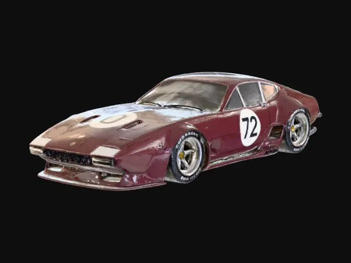 3D model for An ultra-realistic, highly detailed image of an extreme widebody 1972 Ferrari Daytona 365 GTB/4, with oversized rear tires, and an aggressive stance, parked in an empty warehouse. It has a custom Chip Foose body kit with deep side skirts, sidepipes, extended wheel arches with heat extractor cutouts, a lowered and stretched frame, Liberty Walk Mitsuoka Orochi racing modifications, blended with vintage racing flair and livery. Pearlescent extreme metalflake black cherry paint contrasts with cream lacquer accents, showing wear textures. Retro turbine-style wheels are wrapped in cheater slicks with small white lettering. Ultrarealistic render with 35mm lens depth and cinematic lighting. High fidelity texture on carbon fiber panels, realistic lighting gradients.