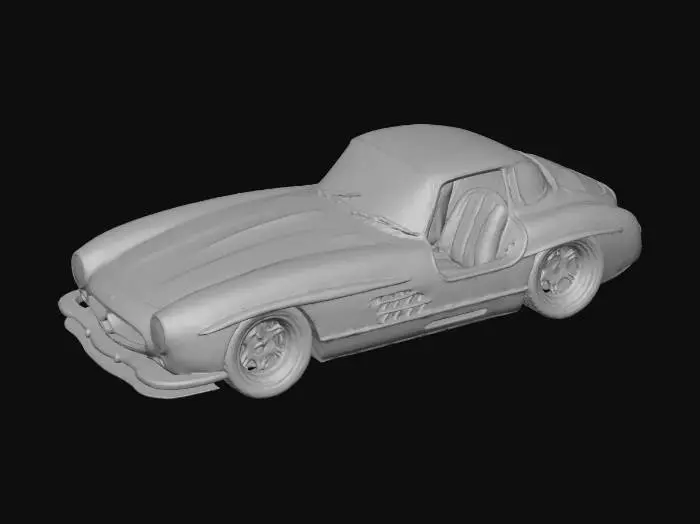 3D model for Ultra-realistic render of a 1955 Mercedes 300SLR in metallic marine blue, with an aggressive widebody bodykit, flared fenders, extended wheel arches, carbon fiber accents, lowered stance, large concave forged wheels, low-profile performance tires, detailed reflections, cinematic lighting, 8K resolution, hyper-detailed, photorealistic, shot with a DSLR, shallow depth of field, bokeh background.