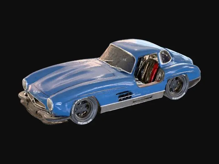 3D model for Ultra-realistic render of a 1955 Mercedes 300SLR in metallic marine blue, with an aggressive widebody bodykit, flared fenders, extended wheel arches, carbon fiber accents, lowered stance, large concave forged wheels, low-profile performance tires, detailed reflections, cinematic lighting, 8K resolution, hyper-detailed, photorealistic, shot with a DSLR, shallow depth of field, bokeh background.