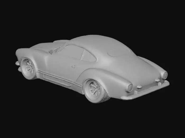3D model for 1967 Volkswagen Karmann Ghia extreme widebody convertible with an body kit, front and rear diffusers, extra wide racing tires mounted on titanium deep-dish turbine fin style wheels. Paint is two tone, deep metal flake brown and burnt orange, with cholo style striping.