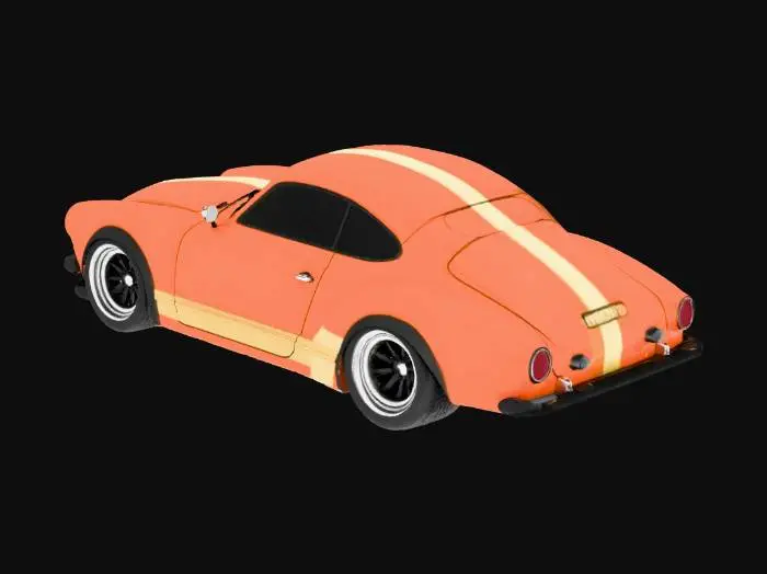 3D model for 1967 Volkswagen Karmann Ghia extreme widebody convertible with an body kit, front and rear diffusers, extra wide racing tires mounted on titanium deep-dish turbine fin style wheels. Paint is two tone, deep metal flake brown and burnt orange, with cholo style striping.