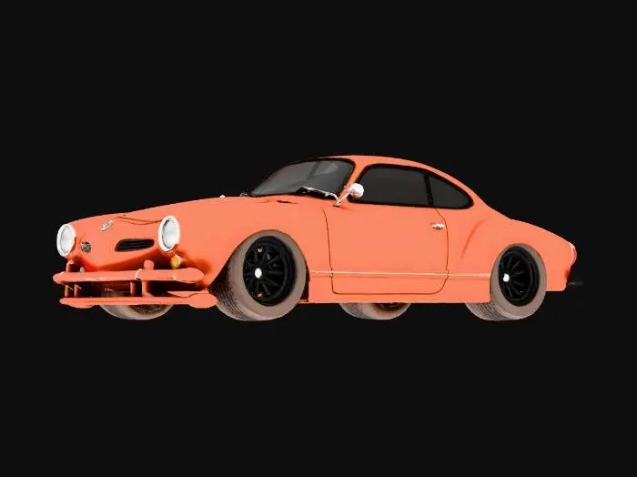 3D model for 1967 Volkswagen Karmann Ghia extreme widebody convertible with an body kit, front and rear diffusers, extra wide racing tires mounted on titanium deep-dish turbine fin style wheels. Paint is two tone, deep metal flake brown and burnt orange, with cholo style striping.