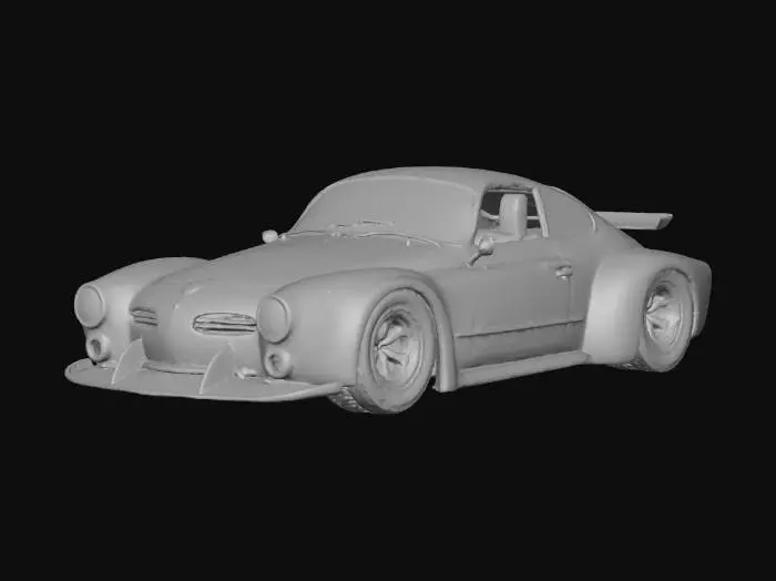 3D model for 1967 Volkswagen Karmann Ghia extreme widebody convertible with an body kit, front and rear diffusers, extra wide racing tires mounted on titanium deep-dish turbine fin style wheels. Paint is two tone, deep metal flake brown and burnt orange, with cholo style striping.
