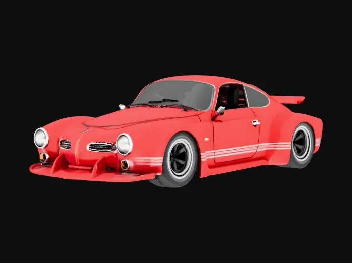 3D model for 1967 Volkswagen Karmann Ghia extreme widebody convertible with an body kit, front and rear diffusers, extra wide racing tires mounted on titanium deep-dish turbine fin style wheels. Paint is two tone, deep metal flake brown and burnt orange, with cholo style striping.
