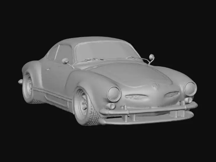 3D model for 1967 Volkswagen Karmann Ghia extreme widebody convertible with an body kit, front and rear diffusers, extra wide racing tires mounted on titanium deep-dish turbine fin style wheels. Paint is two tone, deep metal flake brown and burnt orange, with cholo style striping.