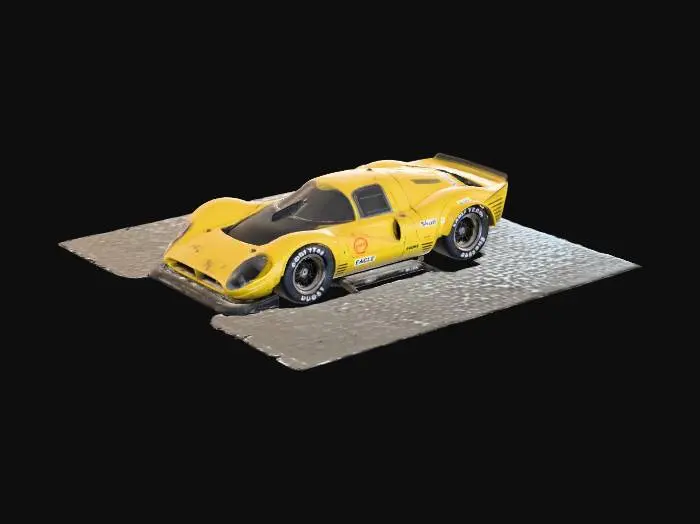 3D model for An ultra-realistic, highly detailed image of an extreme widebody 1967 Ferrari 330 P4 prototype racing car, with oversized rear tires, and an aggressive stance, parked on a beachside board racetrack. It has a custom Chip Foose body kit with deep side skirts, side pipes, extended wheel arches with heat extractor cutouts, a lowered and stretched frame, Liberty Walk Mitsuoka Orochi racing modifications, blended with vintage racing flair and livery. Pearlescent extreme metalflake yellow paint contrasts with flat black accents, showing wear textures. Retro turbine-style wheels are wrapped in cheater slicks with small white lettering. Ultrarealistic render with 35mm lens depth and cinematic lighting. High fidelity texture on carbon fiber panels, realistic lighting gradients.