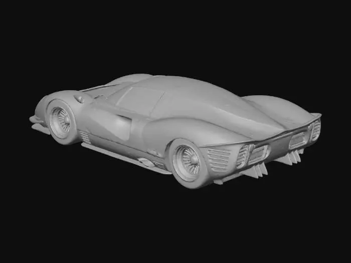 3D model for An ultra-realistic, highly detailed image of an extreme widebody 1967 Ferrari 330 P4 prototype racing car, with oversized rear tires, and an aggressive stance, parked in an empty warehouse. It has a custom Chip Foose body kit with deep side skirts, side pipes, extended wheel arches with heat extractor cutouts, a lowered and stretched frame, Liberty Walk Mitsuoka Orochi racing modifications, blended with vintage racing flair and livery. Pearlescent extreme metalflake red paint contrasts with cream lacquer accents, showing wear textures. Retro turbine-style wheels are wrapped in cheater slicks with small white lettering. Ultrarealistic render with 35mm lens depth and cinematic lighting. High fidelity texture on carbon fiber panels, realistic lighting gradients.