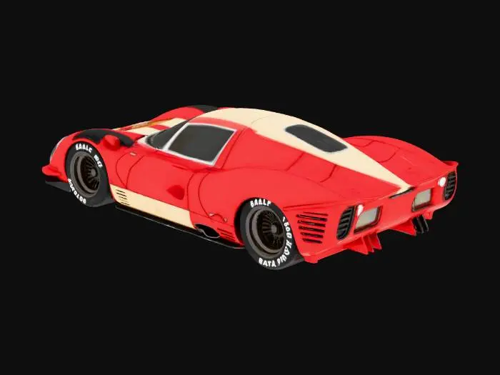 3D model for An ultra-realistic, highly detailed image of an extreme widebody 1967 Ferrari 330 P4 prototype racing car, with oversized rear tires, and an aggressive stance, parked in an empty warehouse. It has a custom Chip Foose body kit with deep side skirts, side pipes, extended wheel arches with heat extractor cutouts, a lowered and stretched frame, Liberty Walk Mitsuoka Orochi racing modifications, blended with vintage racing flair and livery. Pearlescent extreme metalflake red paint contrasts with cream lacquer accents, showing wear textures. Retro turbine-style wheels are wrapped in cheater slicks with small white lettering. Ultrarealistic render with 35mm lens depth and cinematic lighting. High fidelity texture on carbon fiber panels, realistic lighting gradients.