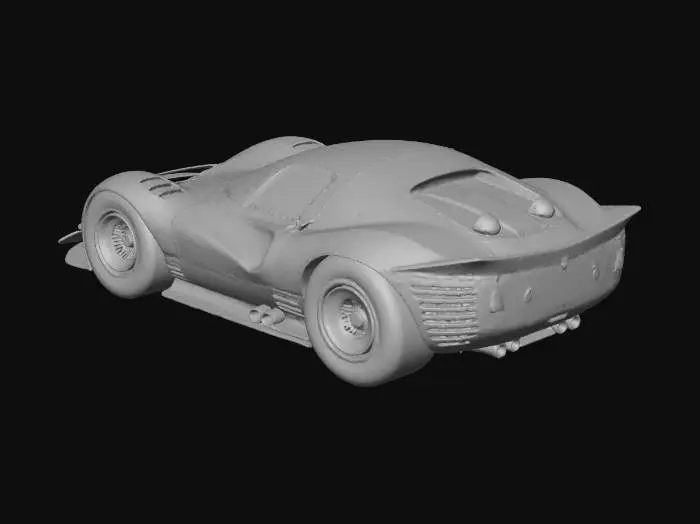 3D model for An ultra-realistic, highly detailed image of an extreme widebody 1967 Ferrari 330 P4 prototype racing car, with oversized rear tires, and an aggressive stance, parked on a beachside board racetrack. It has a custom Chip Foose body kit with deep side skirts, side pipes, extended wheel arches with heat extractor cutouts, a lowered and stretched frame, Liberty Walk Mitsuoka Orochi racing modifications, blended with vintage racing flair and livery. Pearlescent extreme metalflake yellow paint contrasts with flat black accents, showing wear textures. Retro turbine-style wheels are wrapped in cheater slicks with small white lettering. Ultrarealistic render with 35mm lens depth and cinematic lighting. High fidelity texture on carbon fiber panels, realistic lighting gradients.