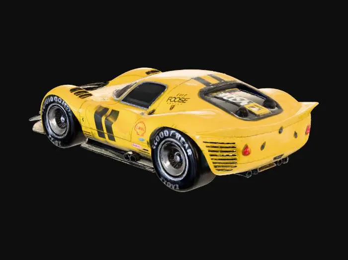 3D model for An ultra-realistic, highly detailed image of an extreme widebody 1967 Ferrari 330 P4 prototype racing car, with oversized rear tires, and an aggressive stance, parked on a beachside board racetrack. It has a custom Chip Foose body kit with deep side skirts, side pipes, extended wheel arches with heat extractor cutouts, a lowered and stretched frame, Liberty Walk Mitsuoka Orochi racing modifications, blended with vintage racing flair and livery. Pearlescent extreme metalflake yellow paint contrasts with flat black accents, showing wear textures. Retro turbine-style wheels are wrapped in cheater slicks with small white lettering. Ultrarealistic render with 35mm lens depth and cinematic lighting. High fidelity texture on carbon fiber panels, realistic lighting gradients.