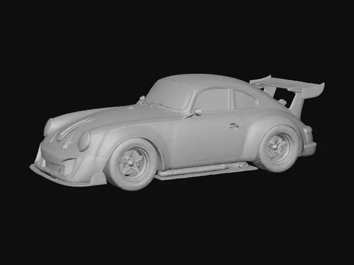 3D model for An ultra-realistic, highly detailed image of an extreme widebody 1955 Porsche 356 prototype racing car, with oversized rear tires and an aggressive stance, parked on a dusty dirt road. It has a custom Vorsteiner body kit with deep side skirts, side pipes, extended wheel arches with heat extractor cutouts, a lowered and stretched frame, and Mitsuoka Orochi racing modifications, blended with vintage racing flair and livery. Pearlescent extreme metalflake light blue paint contrasts with black lacquer accents, showing dirt and wear textures. Retro Teledial, Fuch and Design 90 wheels are wrapped in cheater slicks with small white lettering. Ultrarealistic render with 35mm lens depth and cinematic lighting. High fidelity texture on carbon fiber panels, realistic lighting gradients.