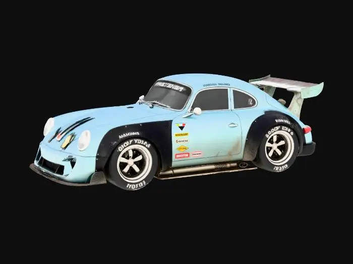 3D model for An ultra-realistic, highly detailed image of an extreme widebody 1955 Porsche 356 prototype racing car, with oversized rear tires and an aggressive stance, parked on a dusty dirt road. It has a custom Vorsteiner body kit with deep side skirts, side pipes, extended wheel arches with heat extractor cutouts, a lowered and stretched frame, and Mitsuoka Orochi racing modifications, blended with vintage racing flair and livery. Pearlescent extreme metalflake light blue paint contrasts with black lacquer accents, showing dirt and wear textures. Retro Teledial, Fuch and Design 90 wheels are wrapped in cheater slicks with small white lettering. Ultrarealistic render with 35mm lens depth and cinematic lighting. High fidelity texture on carbon fiber panels, realistic lighting gradients.
