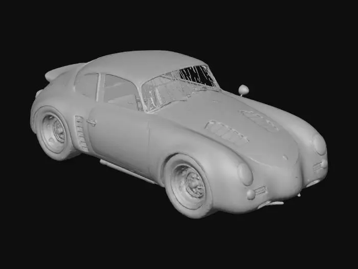 3D model for An ultra-realistic, highly detailed image of an extreme widebody 1955 Porsche 356 prototype racing car, with oversized rear tires and an aggressive stance, parked on a dusty dirt road. It has a custom Vorsteiner body kit with deep side skirts, side pipes, extended wheel arches with heat extractor cutouts, a lowered and stretched frame, and Mitsuoka Orochi racing modifications, blended with vintage racing flair and livery. Pearlescent extreme metalflake light blue paint contrasts with black lacquer accents, showing dirt and wear textures. Retro Teledial, Fuch and Design 90 wheels are wrapped in cheater slicks with small white lettering. Ultrarealistic render with 35mm lens depth and cinematic lighting. High fidelity texture on carbon fiber panels, realistic lighting gradients.
