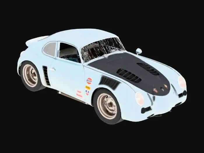 3D model for An ultra-realistic, highly detailed image of an extreme widebody 1955 Porsche 356 prototype racing car, with oversized rear tires and an aggressive stance, parked on a dusty dirt road. It has a custom Vorsteiner body kit with deep side skirts, side pipes, extended wheel arches with heat extractor cutouts, a lowered and stretched frame, and Mitsuoka Orochi racing modifications, blended with vintage racing flair and livery. Pearlescent extreme metalflake light blue paint contrasts with black lacquer accents, showing dirt and wear textures. Retro Teledial, Fuch and Design 90 wheels are wrapped in cheater slicks with small white lettering. Ultrarealistic render with 35mm lens depth and cinematic lighting. High fidelity texture on carbon fiber panels, realistic lighting gradients.