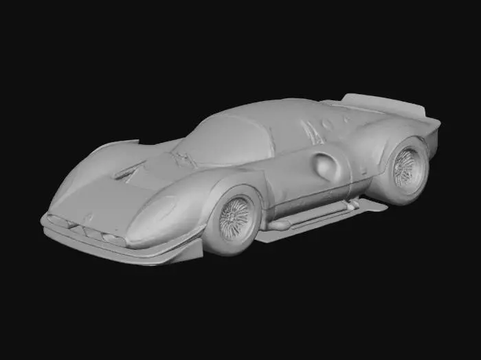 3D model for An ultra-realistic, highly detailed image of an extreme widebody 1967 Ferrari 330 P4 prototype racing car, with oversized rear tires, and an aggressive stance, parked on a beachside board racetrack. It has a custom Chip Foose body kit with deep side skirts, side pipes, extended wheel arches with heat extractor cutouts, a lowered and stretched frame, Liberty Walk Mitsuoka Orochi racing modifications, blended with vintage racing flair and livery. Pearlescent extreme metalflake yellow paint contrasts with flat black accents, showing wear textures. Retro turbine-style wheels are wrapped in cheater slicks with small white lettering. Ultrarealistic render with 35mm lens depth and cinematic lighting. High fidelity texture on carbon fiber panels, realistic lighting gradients.
