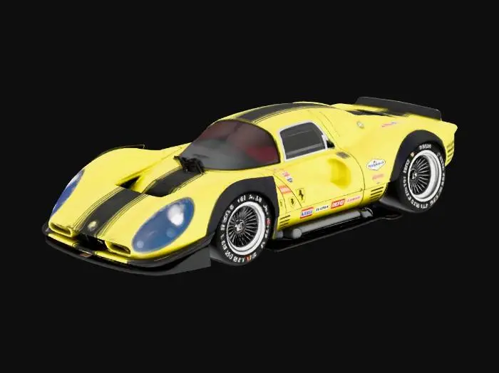 3D model for An ultra-realistic, highly detailed image of an extreme widebody 1967 Ferrari 330 P4 prototype racing car, with oversized rear tires, and an aggressive stance, parked on a beachside board racetrack. It has a custom Chip Foose body kit with deep side skirts, side pipes, extended wheel arches with heat extractor cutouts, a lowered and stretched frame, Liberty Walk Mitsuoka Orochi racing modifications, blended with vintage racing flair and livery. Pearlescent extreme metalflake yellow paint contrasts with flat black accents, showing wear textures. Retro turbine-style wheels are wrapped in cheater slicks with small white lettering. Ultrarealistic render with 35mm lens depth and cinematic lighting. High fidelity texture on carbon fiber panels, realistic lighting gradients.