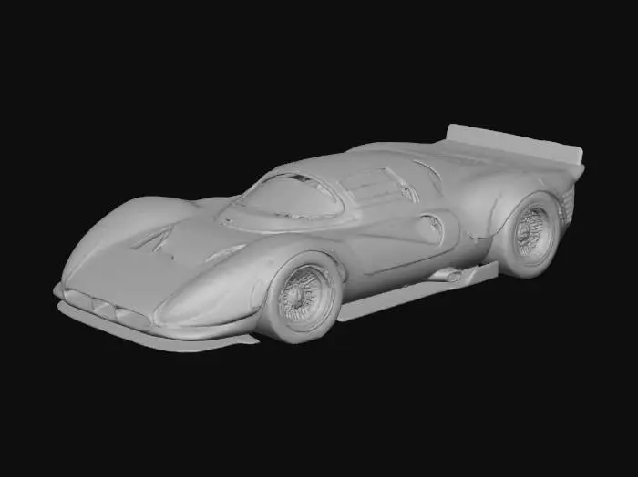 3D model for An ultra-realistic, highly detailed image of an extreme widebody 1967 Ferrari 330 P4 prototype racing car, with oversized rear tires, and an aggressive stance, parked in an empty warehouse. It has a custom Chip Foose body kit with deep side skirts, side pipes, extended wheel arches with heat extractor cutouts, a lowered and stretched frame, Liberty Walk Mitsuoka Orochi racing modifications, blended with vintage racing flair and livery. Pearlescent extreme metalflake red paint contrasts with cream lacquer accents, showing wear textures. Retro turbine-style wheels are wrapped in cheater slicks with small white lettering. Ultrarealistic render with 35mm lens depth and cinematic lighting. High fidelity texture on carbon fiber panels, realistic lighting gradients.