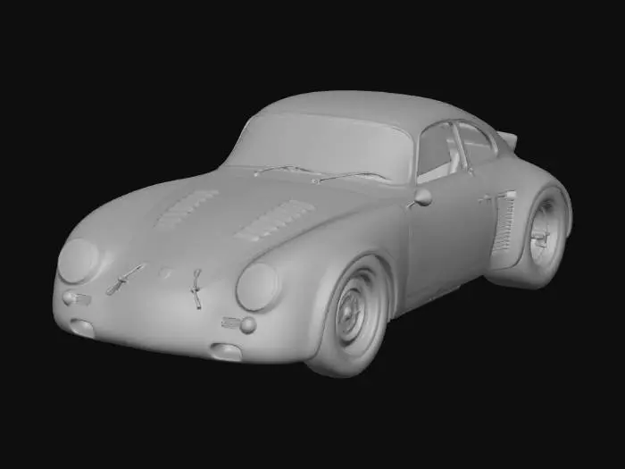 3D model for An ultra-realistic, highly detailed image of an extreme widebody 1955 Porsche 356 prototype racing car, with oversized rear tires and an aggressive stance, parked on a dusty dirt road. It has a custom Vorsteiner body kit with deep side skirts, side pipes, extended wheel arches with heat extractor cutouts, a lowered and stretched frame, and Mitsuoka Orochi racing modifications, blended with vintage racing flair and livery. Pearlescent extreme metalflake light blue paint contrasts with black lacquer accents, showing dirt and wear textures. Retro Teledial, Fuch and Design 90 wheels are wrapped in cheater slicks with small white lettering. Ultrarealistic render with 35mm lens depth and cinematic lighting. High fidelity texture on carbon fiber panels, realistic lighting gradients.