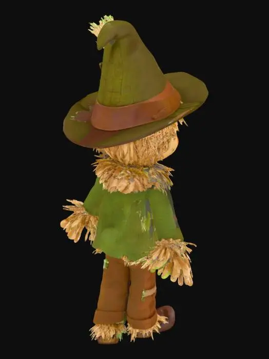 3D model for A 3D character model of the Scarecrow from The Wizard of Oz, stylized in a cute chibi style with 1:3 head-to-body ratio, wearing a patched green shirt, brown trousers, straw sticking out from sleeves and pants, floppy brown hat, friendly smile, standing in a relaxed pose, high detail, PBR textures, optimized for game use
