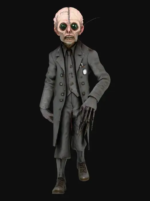 3D model for Create a Tim Burton-style stylized 3D character of a creepy, mad scientist. He has an abnormally large, domed, exposed brain covered partially by a metallic cap. The character is hunched with a very small, frail body. His skin is pale and corpse-like, with exaggerated wrinkles and sunken eyes. His mouth is thin and cracked, and he has no visible eyelids. He wears a tattered lab coat and small round glasses perched on a twisted metal frame. The overall style is eerie and gothic, with a black-and-white color palette and thin, angular details. Large head proportions, Burton-esque elongated features, exaggerated expression, dark fantasy horror aesthetic.