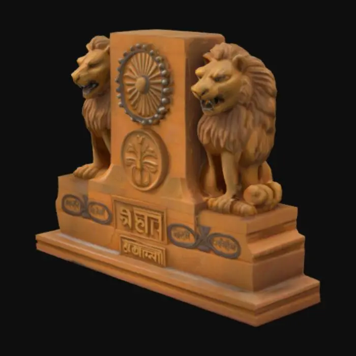 3D model for Create a photorealistic, high-resolution 3D model of the Emblem of India based on the Lion Capital of Ashoka at Sarnath. The model should depict four intricately sculpted Asiatic lions standing back to back atop a cylindrical abacus, made to look like polished sandstone. Only three lions should be visible due to the viewing angle. The abacus must feature four high-relief animals (a lion, a horse, a bull, and an elephant), each separated by a Dharma Chakra (24-spoke wheel) in equally spaced quadrants. The 3D model should include detailed carvings, weathering textures, and realistic sandstone coloration. Below the abacus, include a rectangular base bearing the inscription 'सत्यमेव जयते' in stylized Devanagari script, accurately carved.  #emblem# #india# #history#