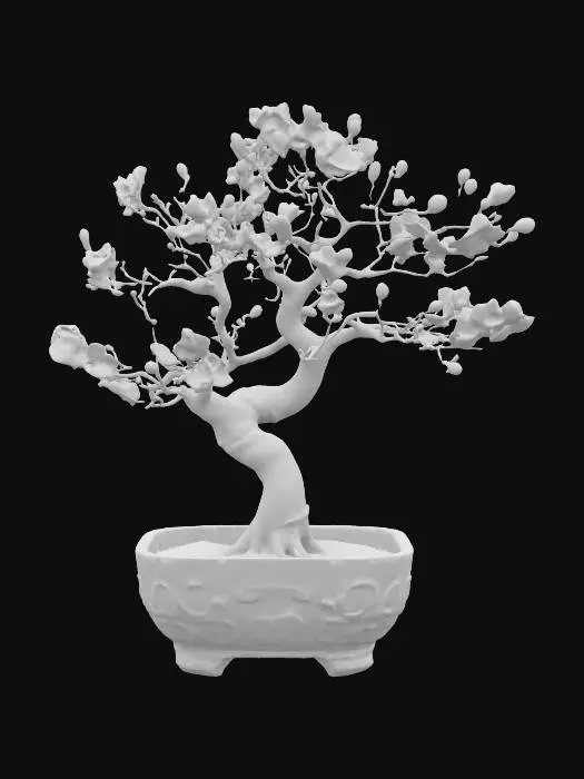 3D model for stylized game asset of a japanese sakura white and ivory blossoms bonsai, golden bark, white marble pot with gold aesthetics