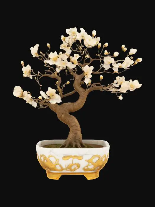 3D model for stylized game asset of a japanese sakura white and ivory blossoms bonsai, golden bark, white marble pot with gold aesthetics