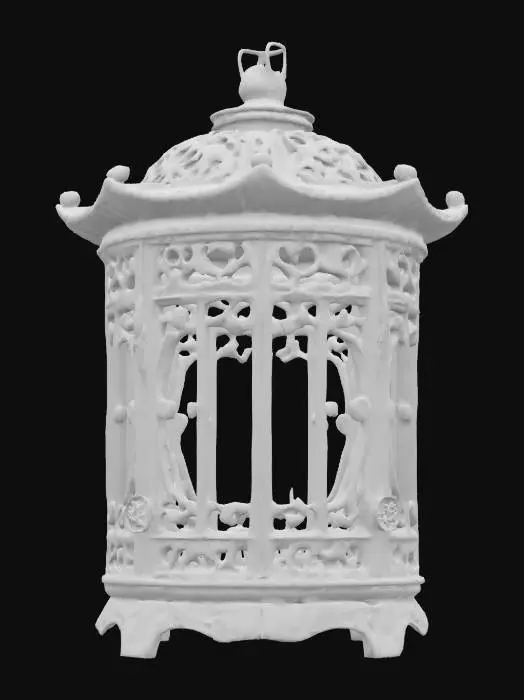 3D model for a small chinese lantern that resembles a bird cage, hand carved work, white ivory, marble, and gold