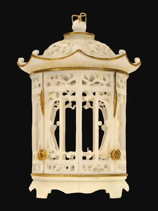 3D model for a small chinese lantern that resembles a bird cage, hand carved work, white ivory, marble, and gold