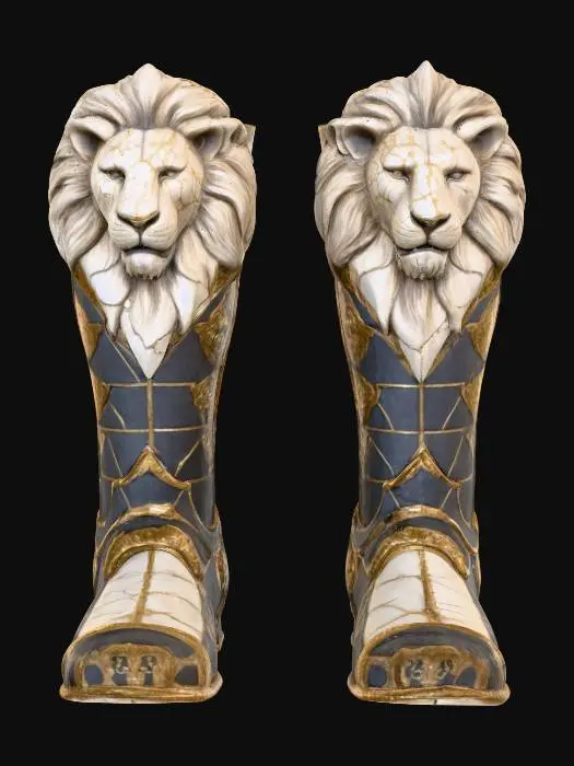 3D model for A pair of ornate armored boots, crafted from what appears to be aged, off-white metal plates with visible cracks and a weathered texture. The design features numerous overlapping lamellar segments, secured by dark rivets, forming a rigid yet articulated structure. Intricate, polished golden filigree patterns adorn the edges of the plates and the lower sections. Each boot is prominently topped with a highly detailed, regal lion's head, cast in gleaming gold with a textured mane, serving as a decorative finial.