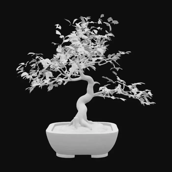 3D model for stylized game asset of a japanese maple bonsai with gold and ivory leaves, golden bark, white marble pot with gold aesthetics