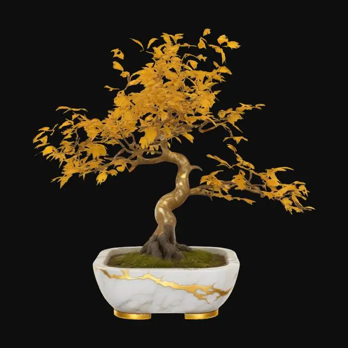 3D model for stylized game asset of a japanese maple bonsai with gold and ivory leaves, golden bark, white marble pot with gold aesthetics