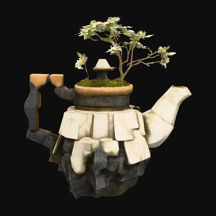 3D model for A teapot made of white and black stones. The cap is a miniature garden scene with a bonsai of white sakura blooms.