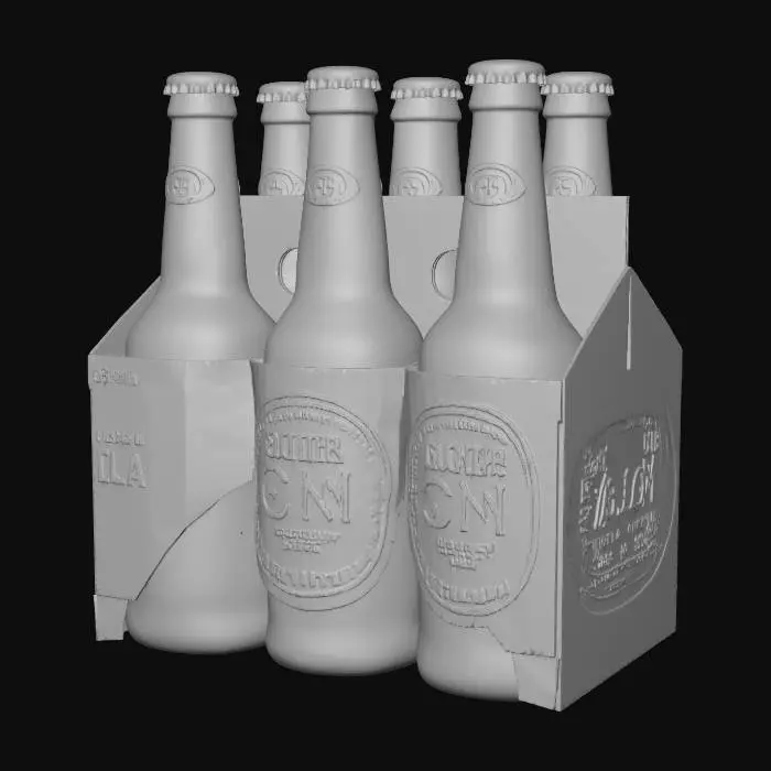 3D model for An ultra-realistic 3D printable model of a six-pack of Great Northern Super Crisp Lager (330ml bottles). Each of the six bottles is meticulously detailed, made from clear, slightly translucent amber PLA, capturing the distinct bottle shape, including the textured neck and subtle seam lines. The labels, printed separately or meticulously painted on, feature the iconic Great Northern Super Crisp design with crisp text, the "GN" logo, and the northern lights graphic. The carrier is a realistic, slightly weathered cardboard texture, with individual slots for each bottle and the brand's logo prominently displayed on the sides. The entire set is designed for precision printing, with fine details on the bottle caps and subtle surface imperfections for added realism.
