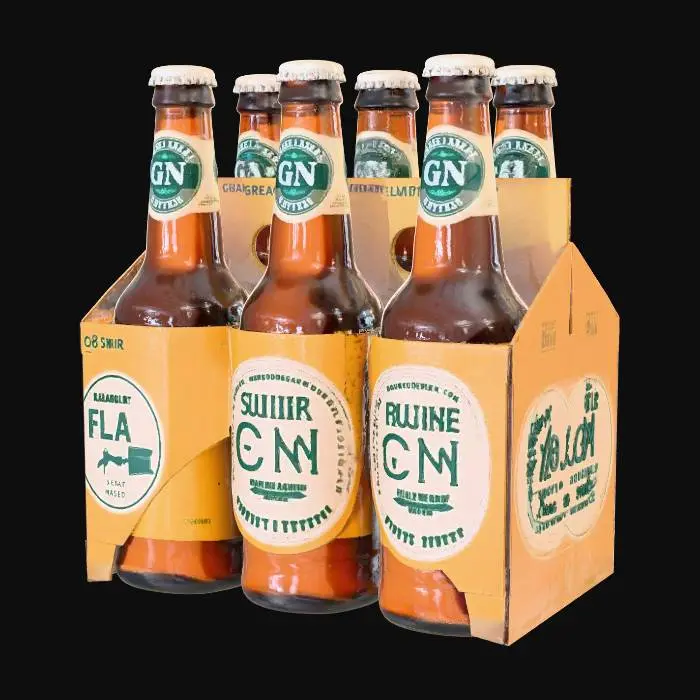 3D model for An ultra-realistic 3D printable model of a six-pack of Great Northern Super Crisp Lager (330ml bottles). Each of the six bottles is meticulously detailed, made from clear, slightly translucent amber PLA, capturing the distinct bottle shape, including the textured neck and subtle seam lines. The labels, printed separately or meticulously painted on, feature the iconic Great Northern Super Crisp design with crisp text, the "GN" logo, and the northern lights graphic. The carrier is a realistic, slightly weathered cardboard texture, with individual slots for each bottle and the brand's logo prominently displayed on the sides. The entire set is designed for precision printing, with fine details on the bottle caps and subtle surface imperfections for added realism.