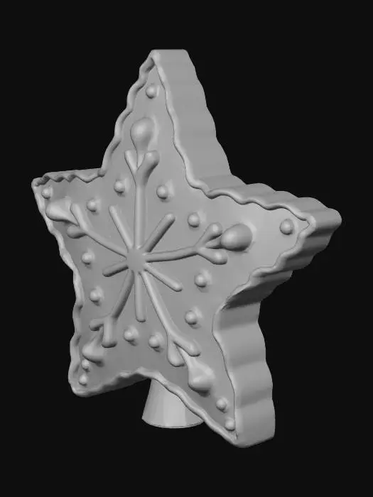 3D model for A gingerbread-style decorative star topper shaped as a five-point star with rounded cookie-like edges and a subtle baked gingerbread texture. The front face features raised white icing details, including a thick wavy icing border that follows the entire star outline and a centered symmetrical snowflake icing design with six main branches and smaller branching details. Small round icing dots are evenly placed around the snowflake. All icing details are raised above the surface, not engraved. The back face is mostly flat and plain. At the bottom point of the star, an integrated hollow tapered cone socket is built into the star, featuring a single vertical slit for flexibility, designed to slide onto a pole or rod. The overall style resembles a handmade gingerbread cookie decoration and is su