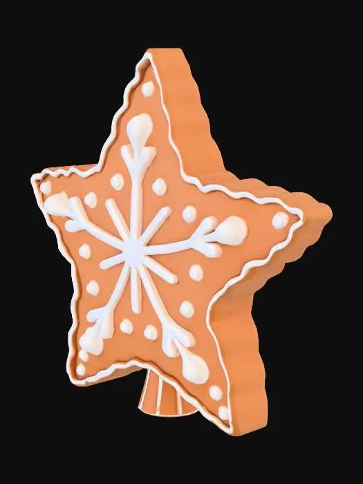 3D model for A gingerbread-style decorative star topper shaped as a five-point star with rounded cookie-like edges and a subtle baked gingerbread texture. The front face features raised white icing details, including a thick wavy icing border that follows the entire star outline and a centered symmetrical snowflake icing design with six main branches and smaller branching details. Small round icing dots are evenly placed around the snowflake. All icing details are raised above the surface, not engraved. The back face is mostly flat and plain. At the bottom point of the star, an integrated hollow tapered cone socket is built into the star, featuring a single vertical slit for flexibility, designed to slide onto a pole or rod. The overall style resembles a handmade gingerbread cookie decoration and is su