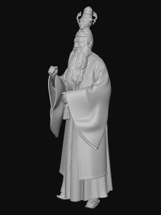 3D model for Chinois vieux sage ancestral, période dynastie Ming, les motifs de broderie dragon, les couleurs rouge et bleu, la matière du tissu brocart de soie, accessoire un éventail.