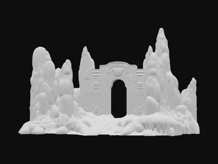 3D model for A desolate frozen tundra with the ruins of an ancient fortress buried in snow, rendered in Unreal Engine. Jagged ice spikes jut out from the ground, and shattered stone towers rise through the snowdrifts. Blizzards whip across the scene, with snow particle effects creating a chilling realism. The textures highlight frost, ice crystals, and cracked stone. The atmosphere conveys isolation and survival, as though the ruins hide secrets beneath the ice.