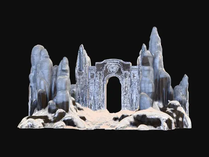 3D model for A desolate frozen tundra with the ruins of an ancient fortress buried in snow, rendered in Unreal Engine. Jagged ice spikes jut out from the ground, and shattered stone towers rise through the snowdrifts. Blizzards whip across the scene, with snow particle effects creating a chilling realism. The textures highlight frost, ice crystals, and cracked stone. The atmosphere conveys isolation and survival, as though the ruins hide secrets beneath the ice.