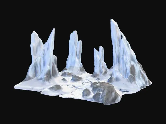 3D model for A desolate frozen tundra with the ruins of an ancient fortress buried in snow, rendered in Unreal Engine. Jagged ice spikes jut out from the ground, and shattered stone towers rise through the snowdrifts. Blizzards whip across the scene, with snow particle effects creating a chilling realism. The textures highlight frost, ice crystals, and cracked stone. The atmosphere conveys isolation and survival, as though the ruins hide secrets beneath the ice.