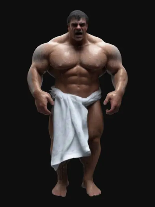 3D model for a massive, hulking 3D bodybuilder stepping out of a shower, visibly embarrassed, with a towel barely covering his muscular physique. Ensure broad shoulders, thick arms, and chiseled abs with wet skin glistening under the bathroom light. His expression should be a mix of surprise and awkwardness, with water droplets running down his body. Hair should be damp and sticking slightly. The towel should be loosely wrapped with realistic cloth folds. No distortions; clean topology 