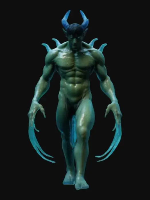 3D model for Ultra Realistic, Polished, stylized art Hideo Kojima, male, water demon, magic, fantasy, conjure, horror