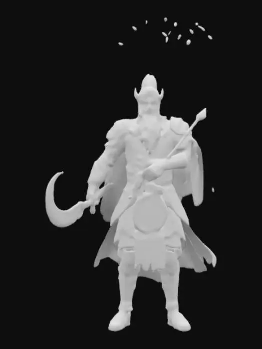 3D model for A legendary warrior resembling Guan Yu, standing tall in ornate golden and jade armor, wielding a massive crescent blade (Guan Dao). His long beard flows in the wind, and divine lightning crackles around him as he descends from the heavens. His fierce gaze strikes fear into his enemies, while cherry blossoms fall in the background.