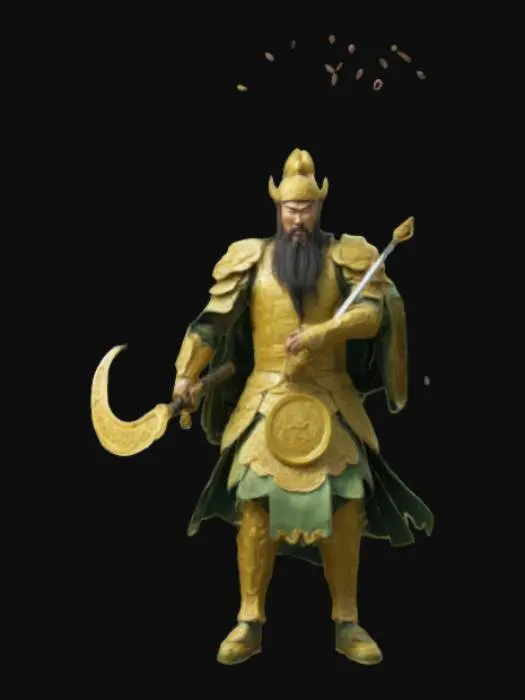 3D model for A legendary warrior resembling Guan Yu, standing tall in ornate golden and jade armor, wielding a massive crescent blade (Guan Dao). His long beard flows in the wind, and divine lightning crackles around him as he descends from the heavens. His fierce gaze strikes fear into his enemies, while cherry blossoms fall in the background.